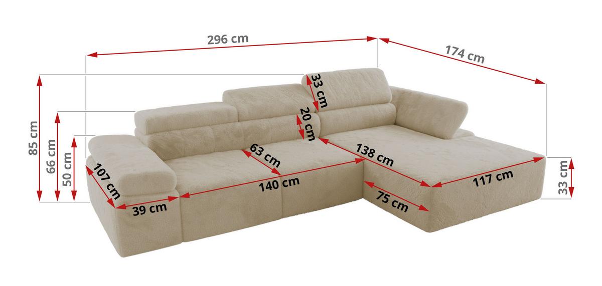 ECKSOFA RILASSO L Creme Plüsch - links - Creme/Schwarz, Kunststoff/Textil (296/174cm) - MKS
