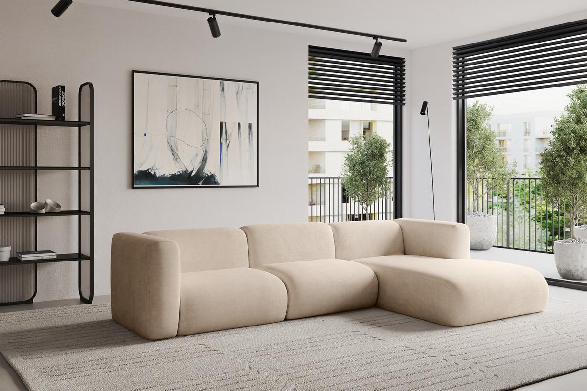 ECKSOFA Ottomane Rechts MIRA-L1 227x179x89 Beige Velours - Greige/Beige, Holzwerkstoff/Kunststoff (227/179cm) - ALTDECOR