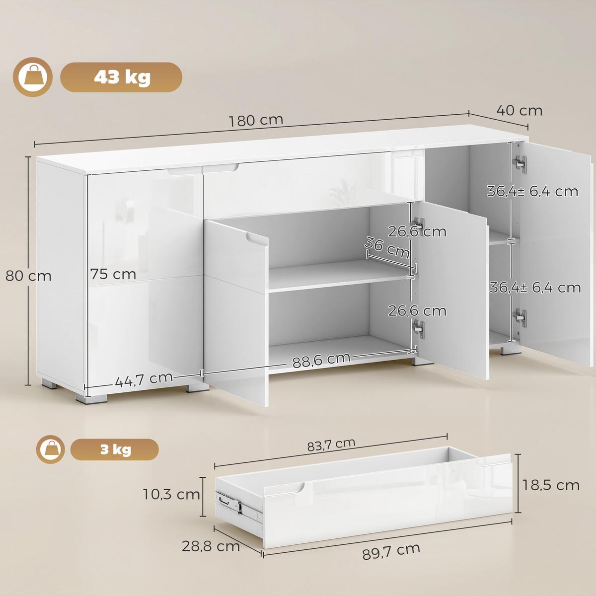 SIDEBOARD MDF Weiß Hochglanz - Weiß Hochglanz, Holzwerkstoff (40/80/180cm) - HOMCOM