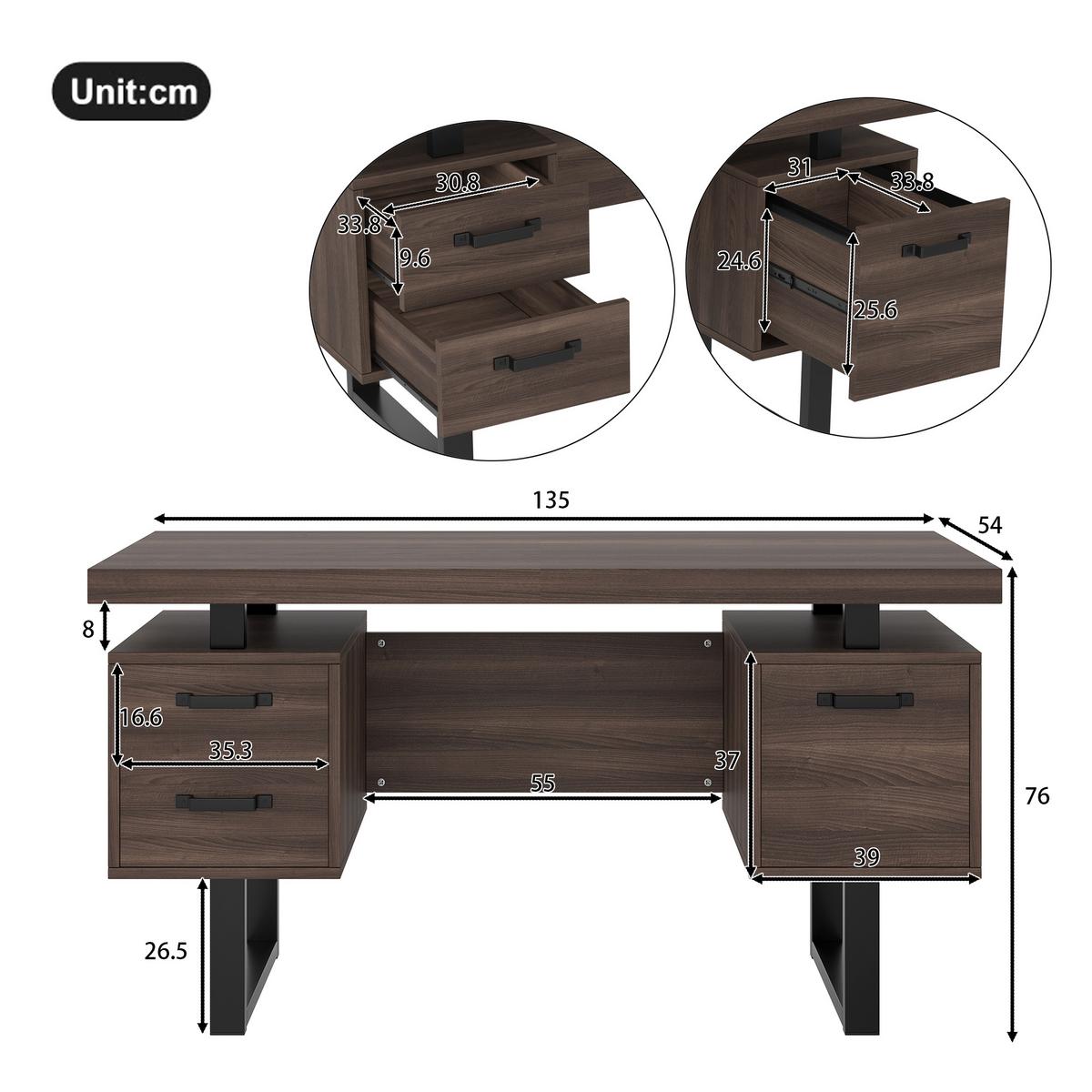 BÜROSCHREIBTISCH braun-schwarz, Stahlgestell, 3 Schubladen - Walnussfarben, Holzwerkstoff (54/135/76cm) - Urban Meuble
