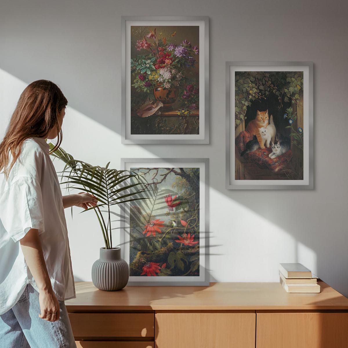 BILDER SET 3er Set - 40x60 cm Silberner Rahmen - Vintage-Blumen, Katzen, Natur - Silberfarben, Kunststoff (40/60cm) - TULUP