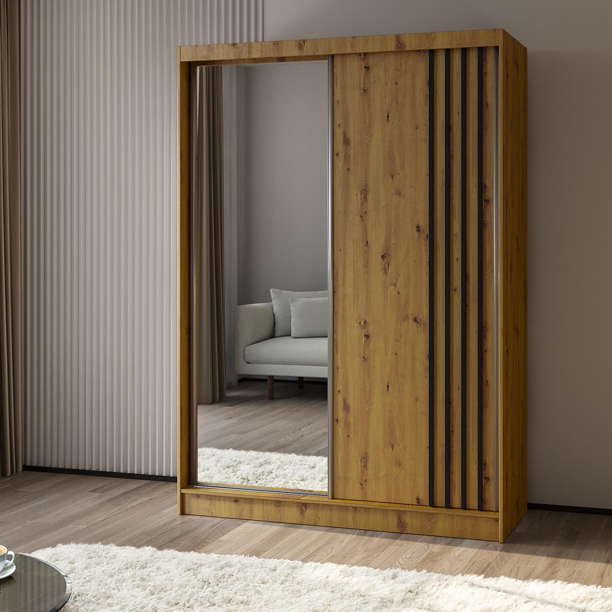 SCHWEBETÜRENSCHRANK NELVIA 150/216/61 cm 2-türig mit Spiegel Eiche Artisan - Eiche Artisan, Holzwerkstoff (150/216/61cm) - MASSENO