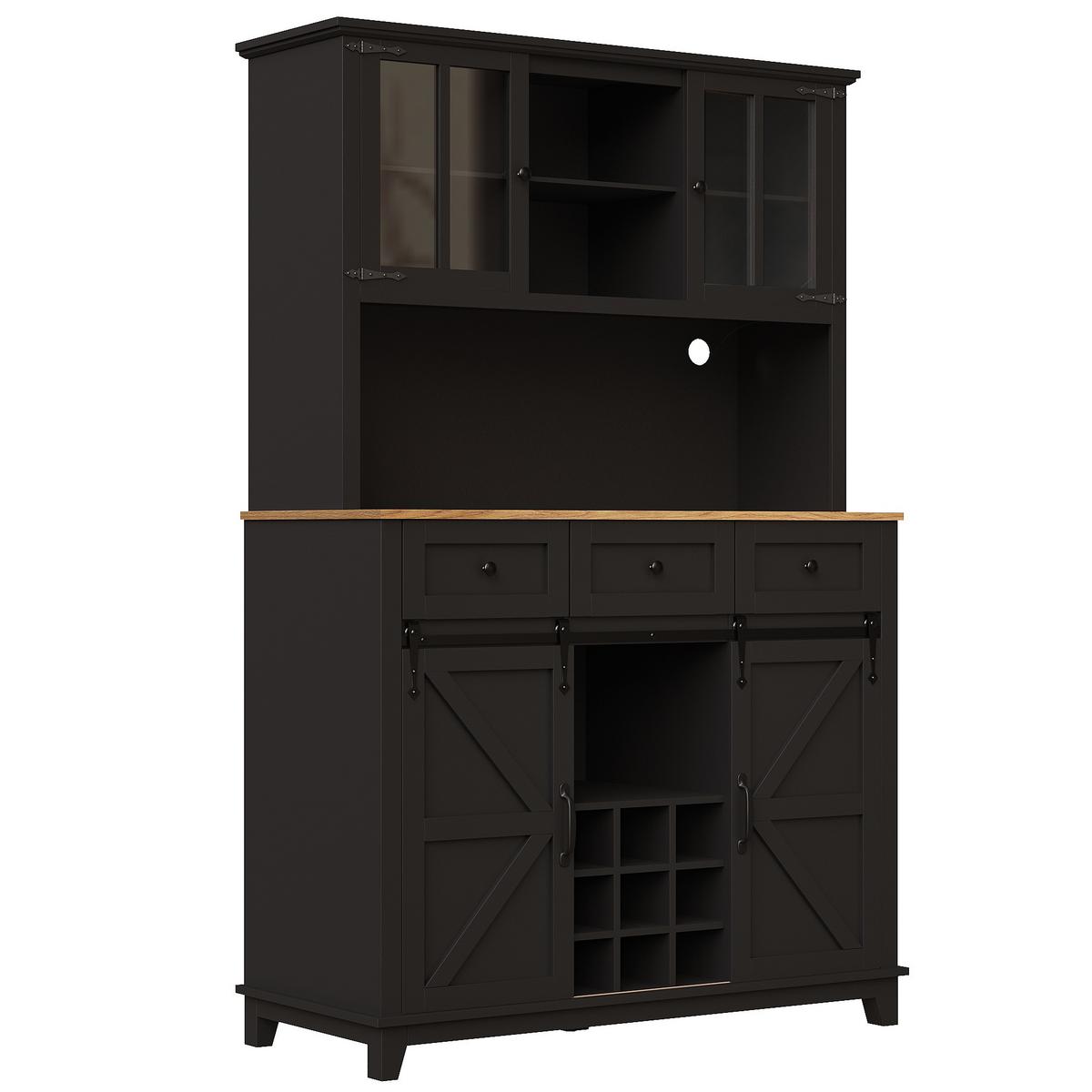 BUFFETSCHRANK Schwarz 105x180cm mit LED-Beleuchtung, Glastüren & Weinregal - Schwarz, Holzwerkstoff (105/180/38.4cm) - Urban Meuble