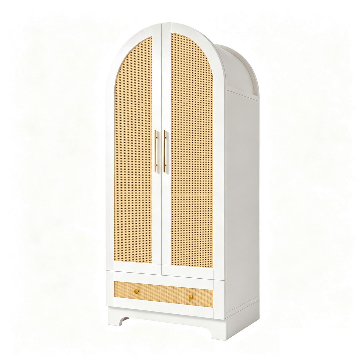 KLEIDERSCHRANK Doppeltüren Kunstrattan Weiß mit Schubladen - Weiß, Holzwerkstoff (70/170/55cm) - Urban Meuble