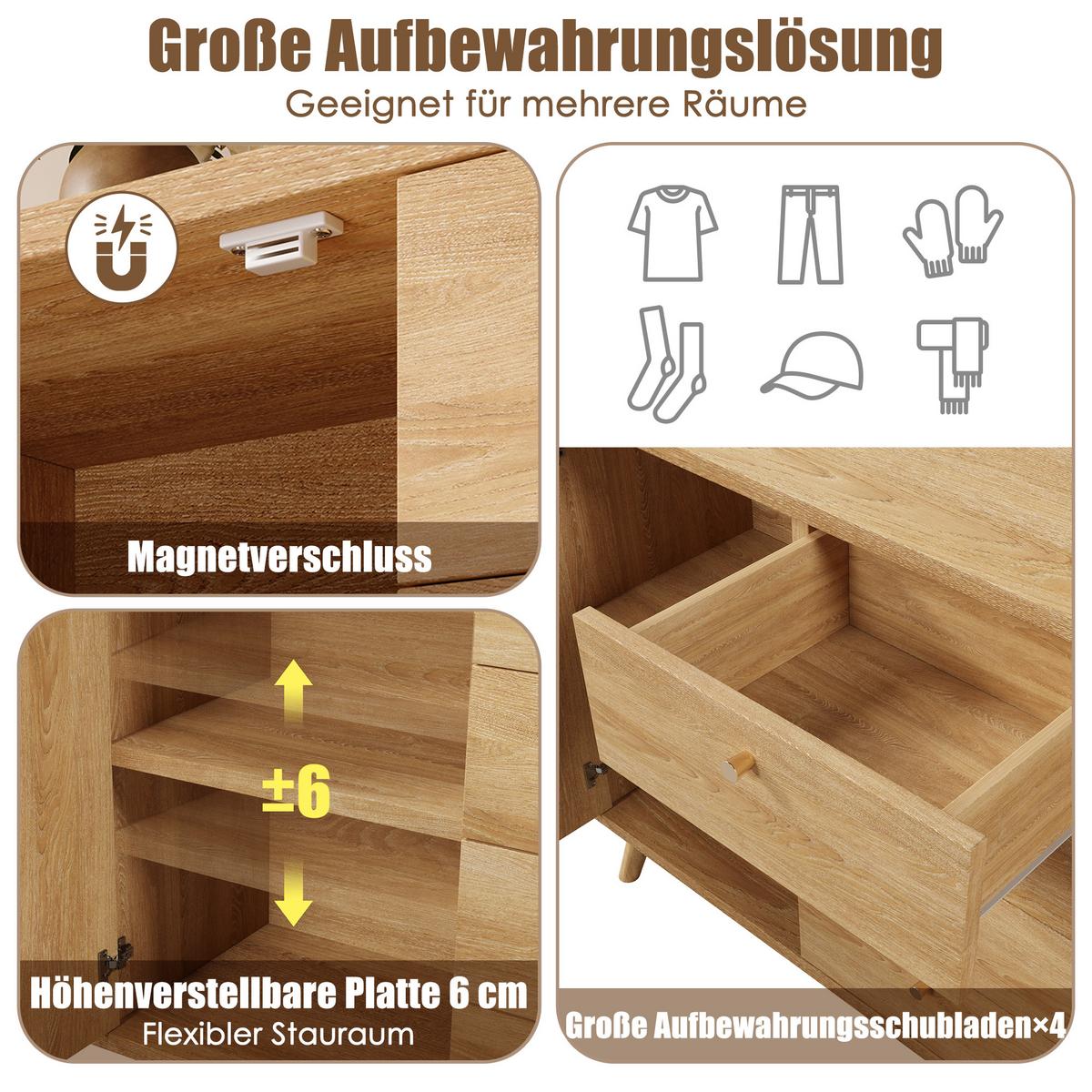 SIDEBOARD 140 cm in Rattan-Optik mit 4 Schubladen - Sonoma Eiche, Holzwerkstoff (140/86/40cm) - Urban Meuble