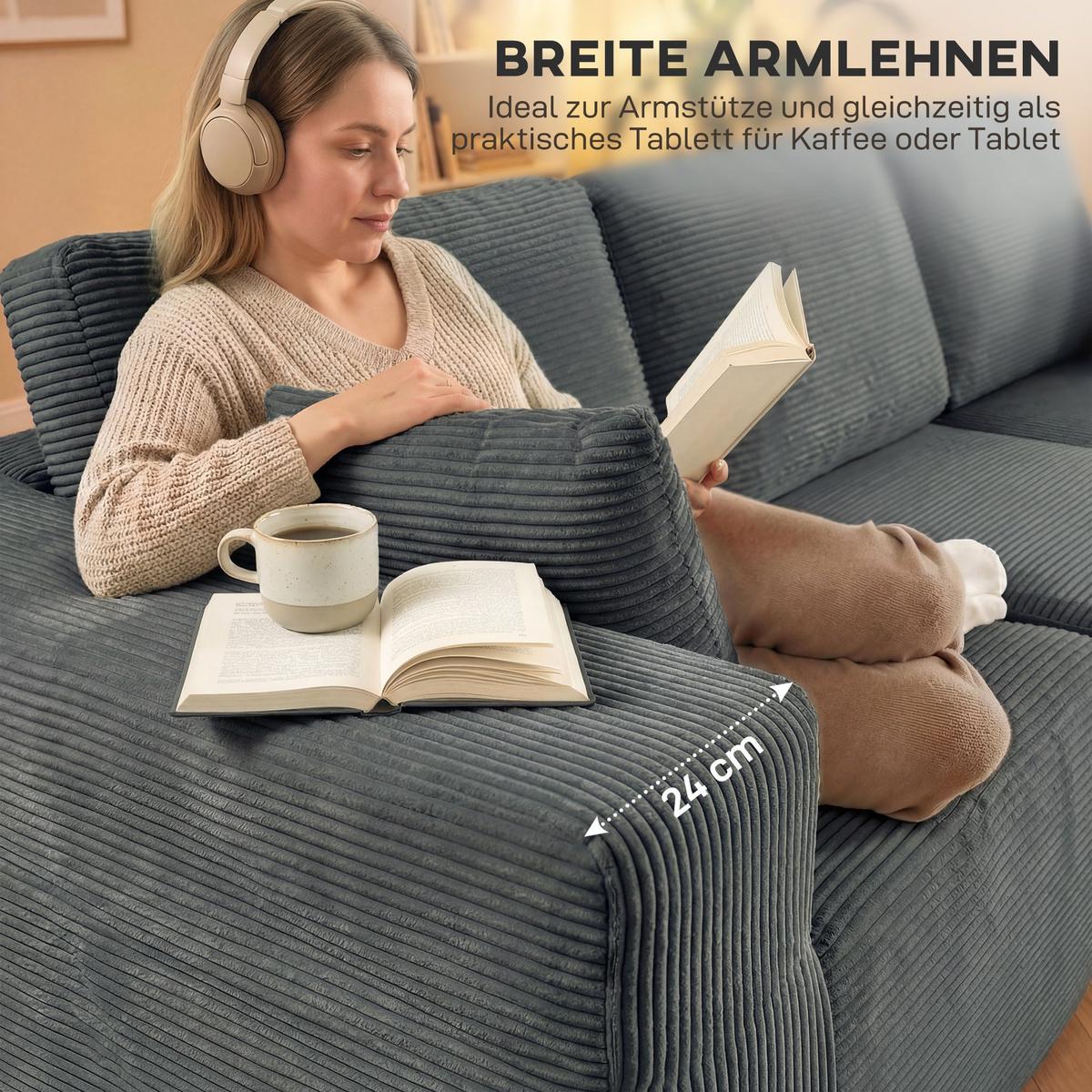 ECKSOFA 3er Set Cord Schaumstoff Dunkelgrau - Dunkelgrau, Textil (168/267cm) - HOMCOM