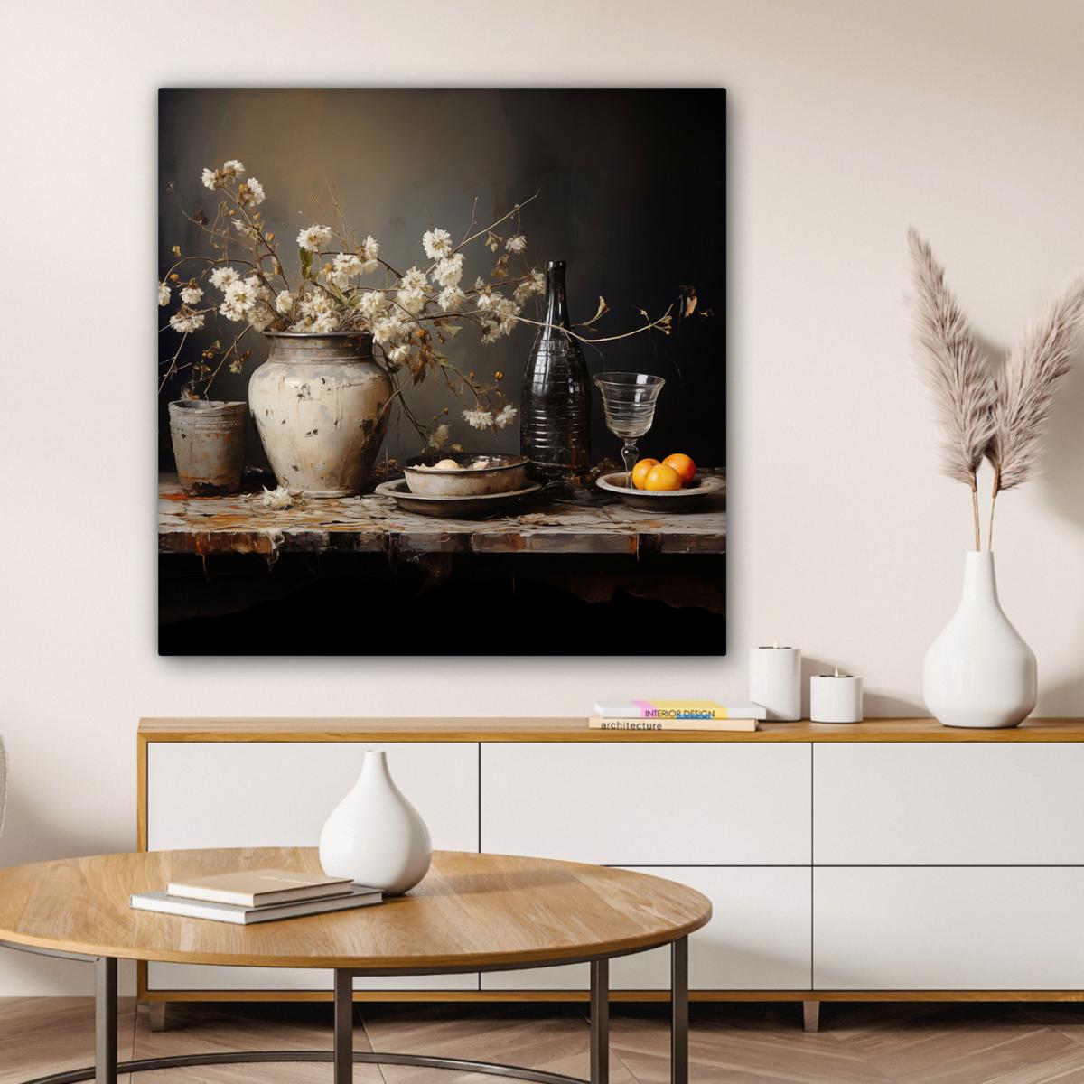 LEINWANDBILD Stilleben - Blumen - Blumenstrauß - Vase - Wein Deko Groß 90x90 cm - Schwarz, Textil (90/90cm) - MuchoWow