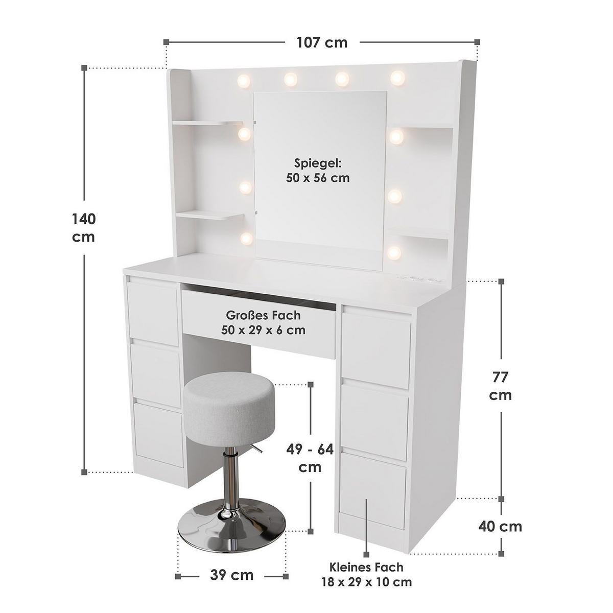 SCHMINKTISCH Malia mit LED und Hocker Tonia - Weiß, Holz (107/140/40cm) - Juskys