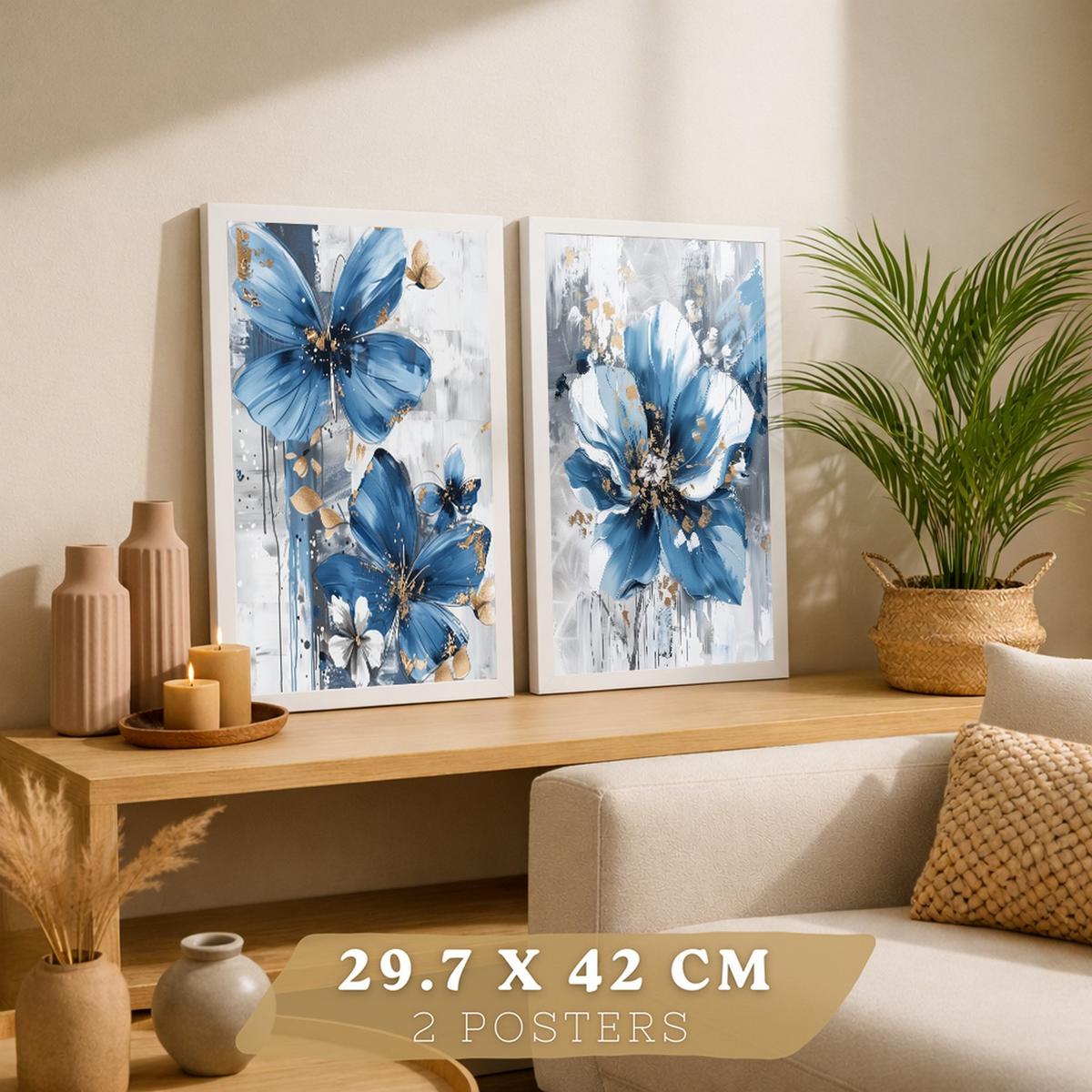 POSTER 2er-Set Wandbilder Blumen Blau Braun modern Wohnzimmer Deko, Schlafzimmer, Küche, Badezimmer Weißer Rahmen A3 - Weiß, Papier (29.7/1/42cm) - Nacnic
