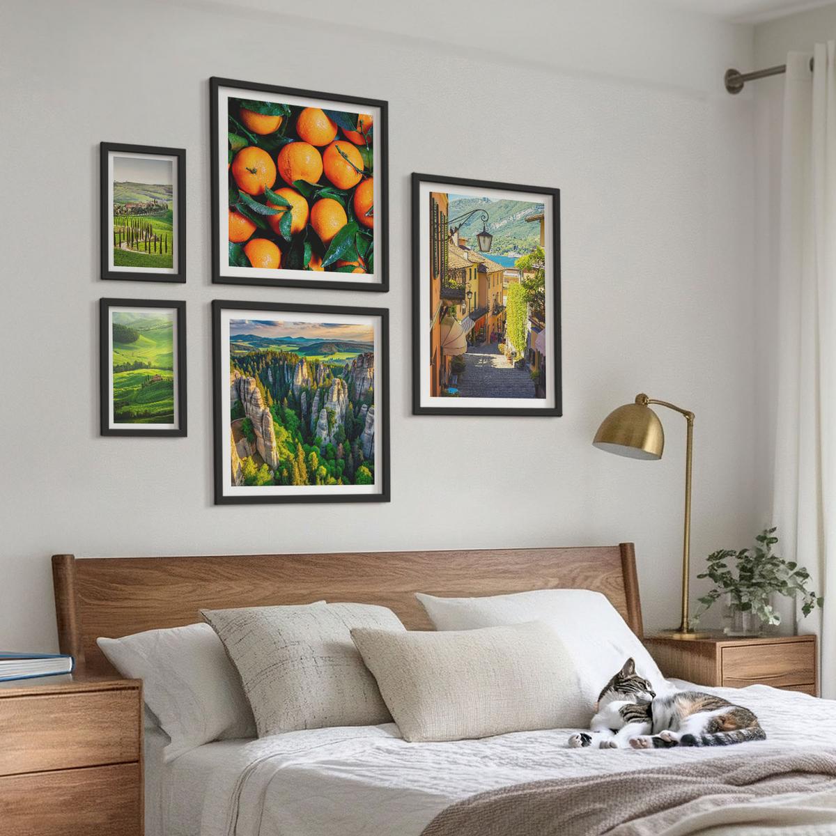 BILDER SET 5er Set - 50x50 cm & 20x30 cm & 40x60 cm Schwarzer Rahmen - Italienische Landschaft Orangen Natur - Schwarz, Kunststoff (40/60cm) - TULUP