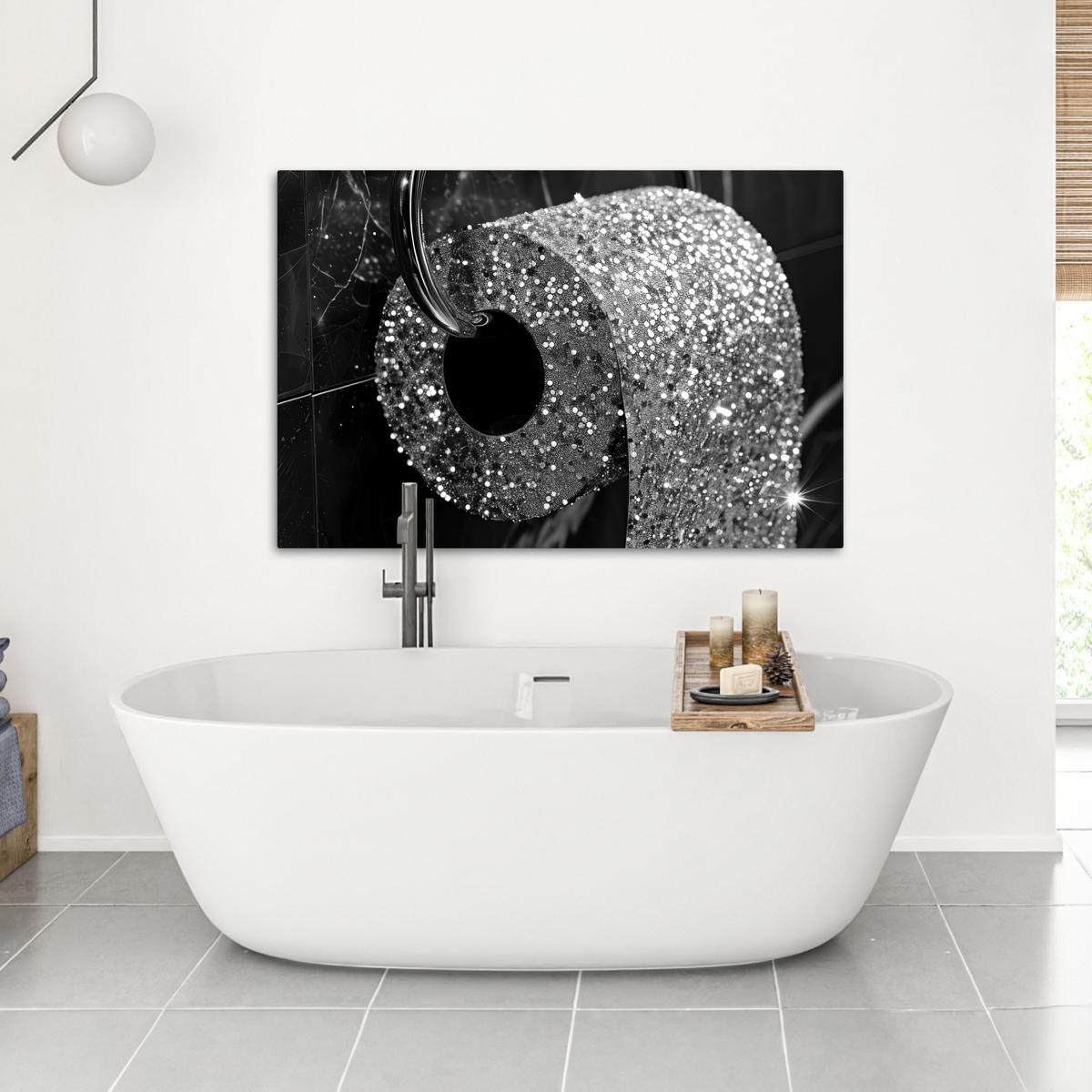 LEINWANDBILD WC - Toilettenpapier - Schwarz und weiß - Glitter Wohnzimmer Groß 120x80 cm - Silberfarben, Textil (120/80cm) - MuchoWow