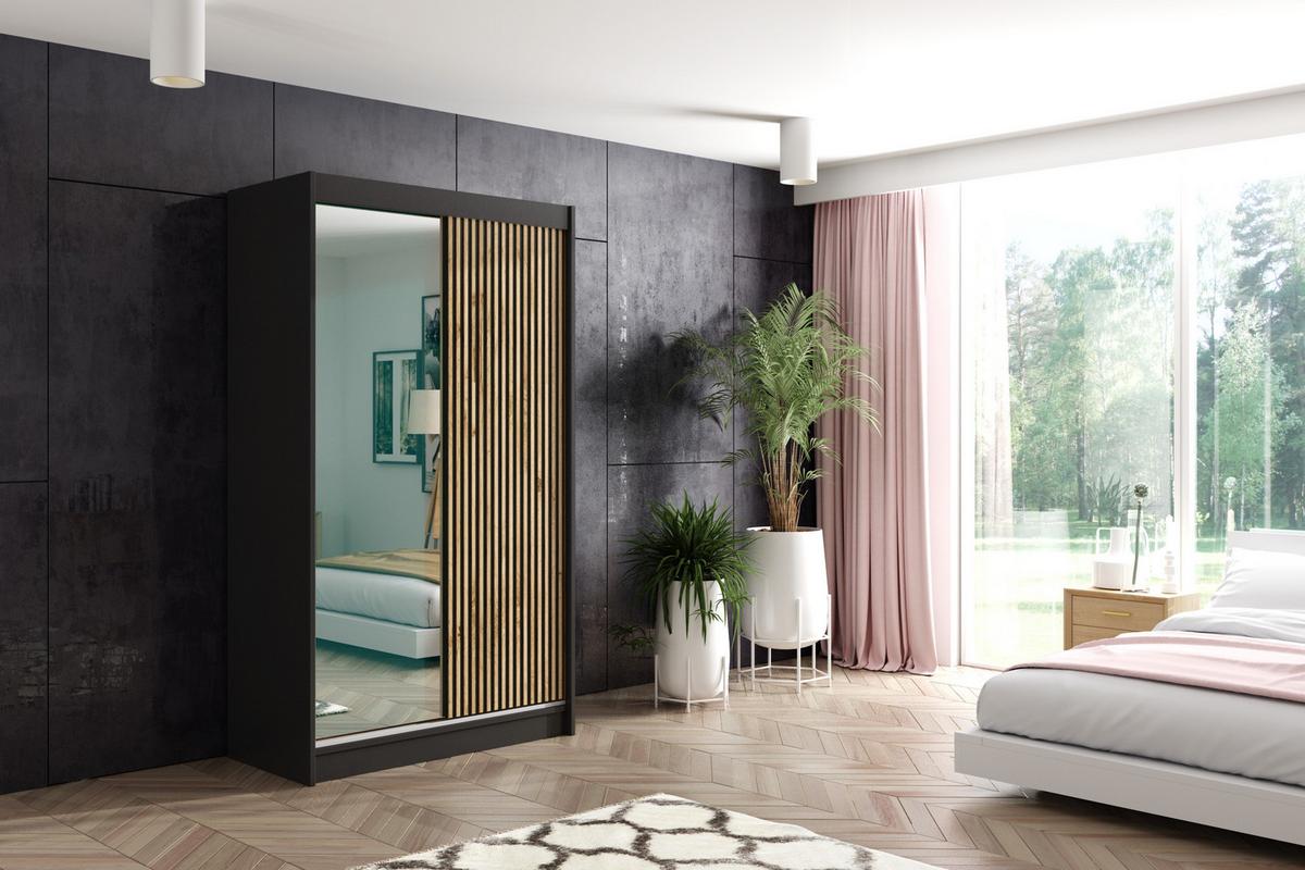 KLEIDERSCHRANK VILAN mit Spiegel - 120 cm - Schwarz|Eiche Wotan - Eiche Wotan/Schwarz, Holzwerkstoff (120/215/61cm) - ALTDECOR