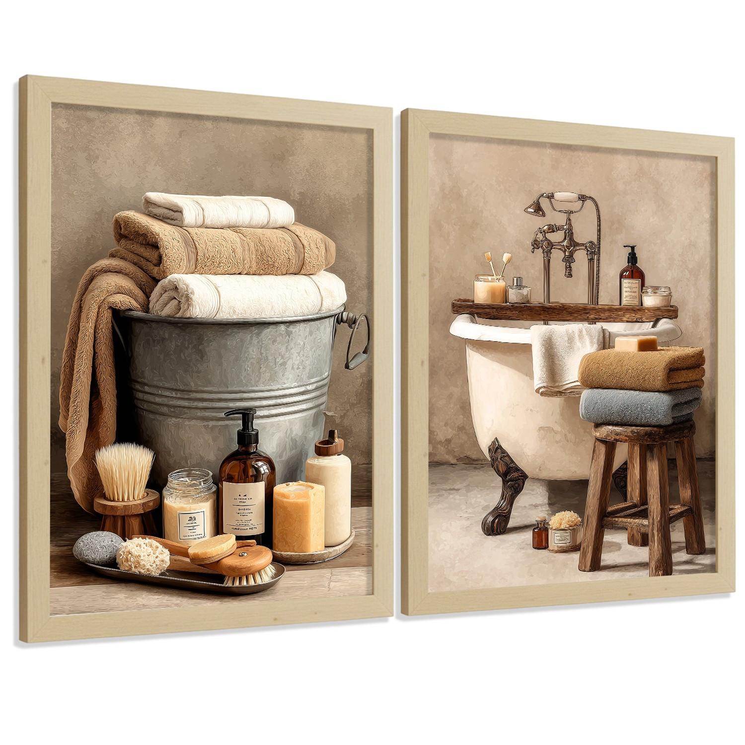 POSTER 2er-Set dekorative Badezimmerdrucke, rustikaler Stil, Vintage-Spa-Bilder mit Handtüchern und Badewanne,, Wohndekoration Leichter Holzrahmen A3 - Beige, Papier (42/29.7/3cm) - Nacnic