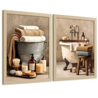 POSTER 2er-Set dekorative Badezimmerdrucke, rustikaler Stil, Vintage-Spa-Bilder mit Handtüchern und Badewanne,, Wohndekoration Leichter Holzrahmen A3 - Beige, Papier (42/29.7/3cm) - Nacnic