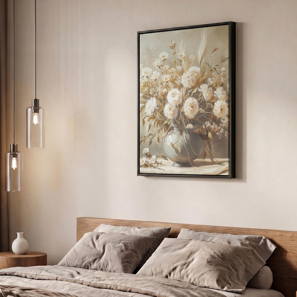 LEINWAND Bilder mit Rahmen - Blumen - Vase - Stilleben - Beige - 50x70 - Creme, Textil (50/70cm) - MuchoWow