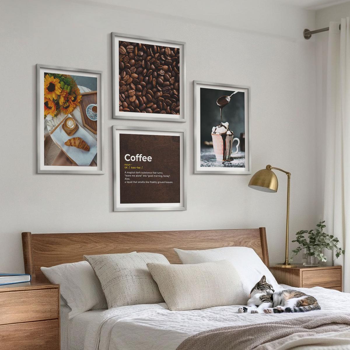BILDER SET 4er Set - 50x50 cm & 40x60 cm Silberner Rahmen - Italienische Frühstückskaffeebohnen - Silberfarben, Kunststoff (50/50cm) - TULUP