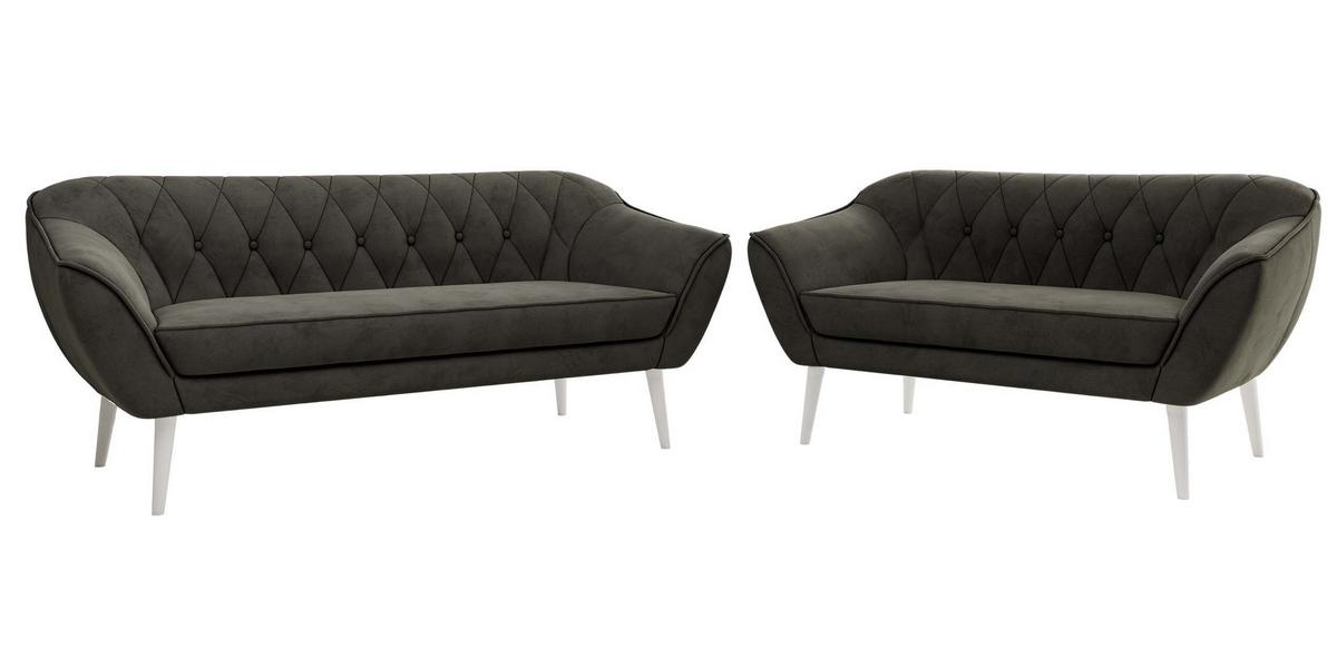 SITZGARNITUR PIRS 3+2 - Dunkelgrau Velvet - Weiße Beine - Dunkelgrau/Weiß, Holzwerkstoff/Textil (180/75/74cm) - MKS