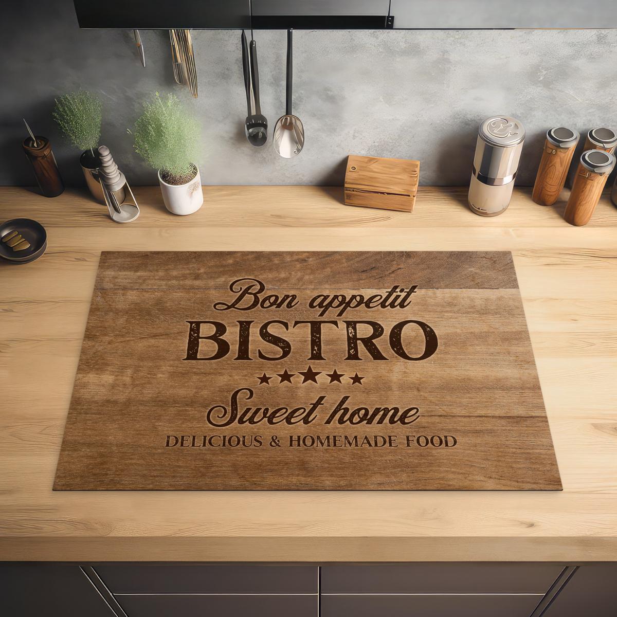 HERDABDECKPLATTE Zitat - Bistro - Guten Appetit - Süßes Zuhause - Holzmaserung Induktionsmatte 77x51 cm - Braun, Kunststoff (77/51/0.2cm) - MuchoWow
