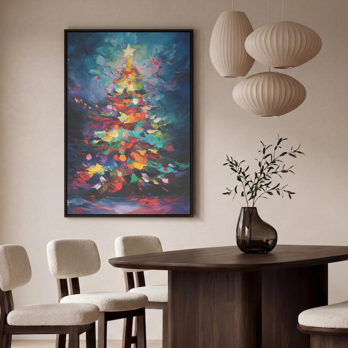 LEINWAND Bilder mit Rahmen - Weihnachtsbaum - Weihnachten - Abstrakt - Farbenfroh - 90x140 - Multicolor, Textil (90/140cm) - MuchoWow