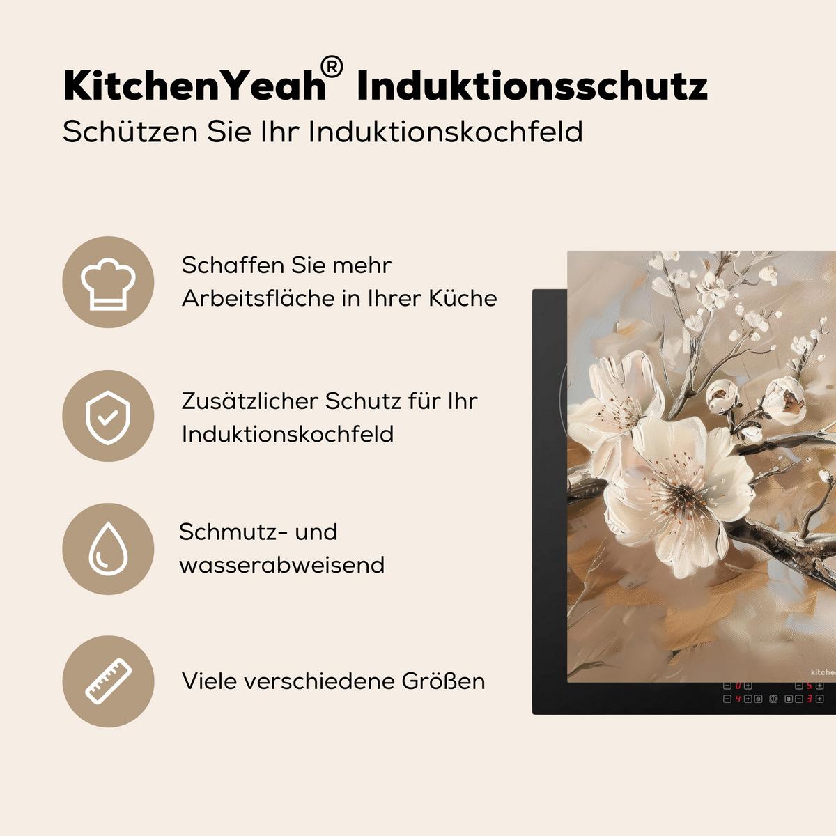 HERDABDECKPLATTE Blumen - Abstrakt - Gemalt - Beige Herdabdeckung Induktionsfeld 65x52 cm - Kaschmir, Kunststoff (65/52/0.2cm) - MuchoWow