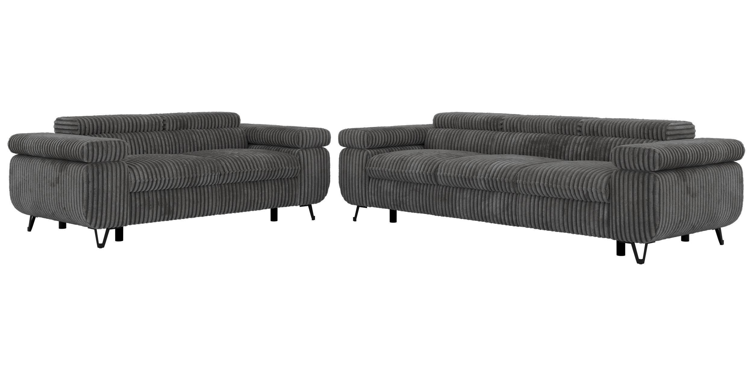 SITZGARNITUR PETER 2+3 - Grau Cord - Schwarz/Grau, Textil/Metall (262/76/99cm) - MKS