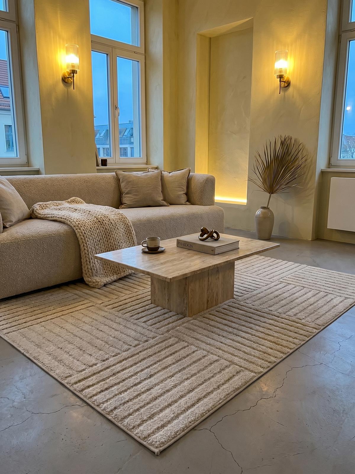 TEPPICH Hochflor RIGI in Creme, mit Cord-Streifen-Patchwork, 80 x 150 cm - Beige, Textil (150/80cm) - KADIMA DESIGN