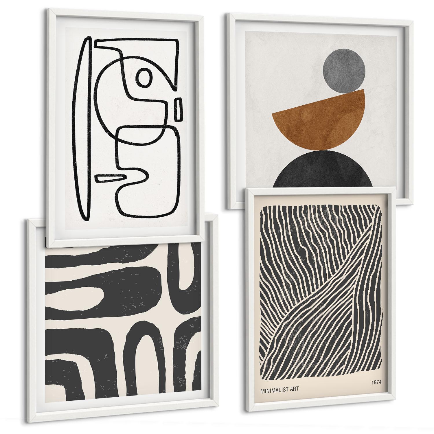 BILDER SET 4er Set - 50x50 cm & 40x60 cm Weißer Rahmen - Abstrakte Muster mit Linien - Weiß, Kunststoff (50/50cm) - TULUP