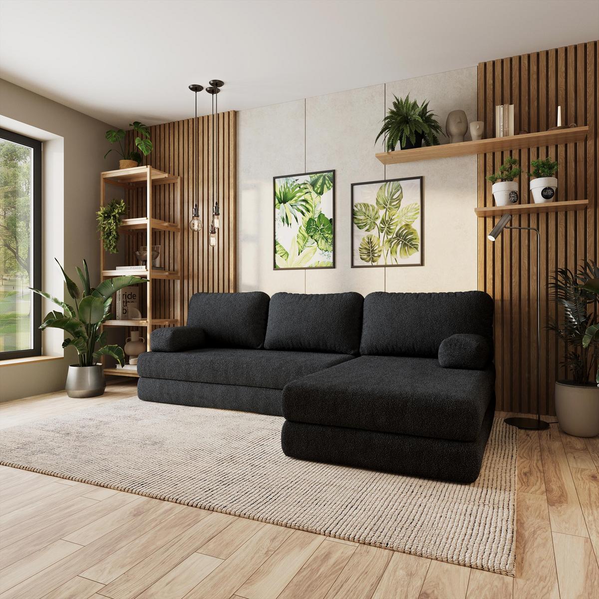ECKSOFA LEA modulares Boneless Sofa mit Schlaffunktion Schwarz Boucle-Stoff - Schwarz, Textil (270/160cm) - MASSENO
