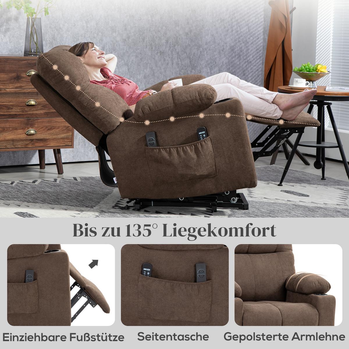 FERNSEHSESSEL mit Aufstehhilfe, Braun - Schwarz/Braun, Textil/Metall (95/109/91cm) - HOMCOM