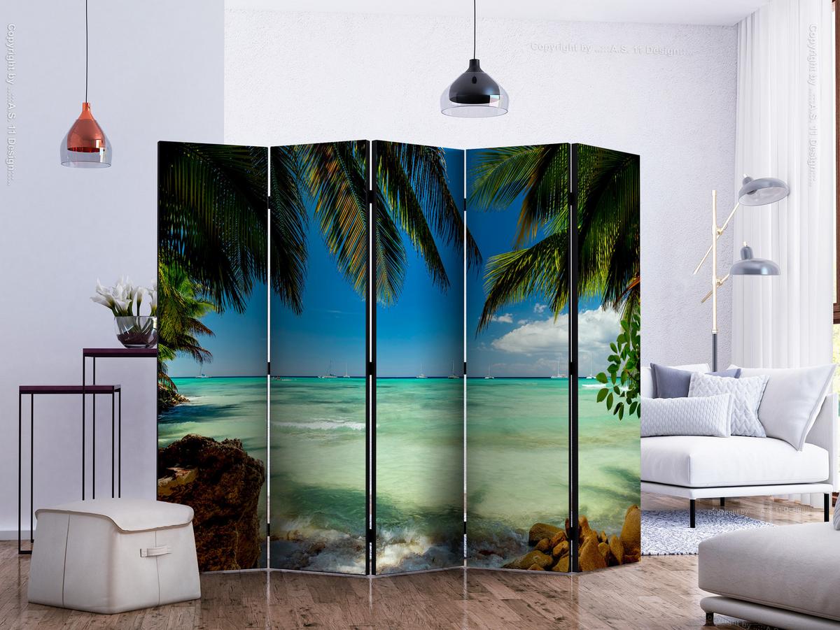 PARAVENT Einseitig Bedruckter 5-tlg 225x172 cm Palmen Strand Meer 3D - Blau, Holz/Textil (225/172/3cm) - Muralo