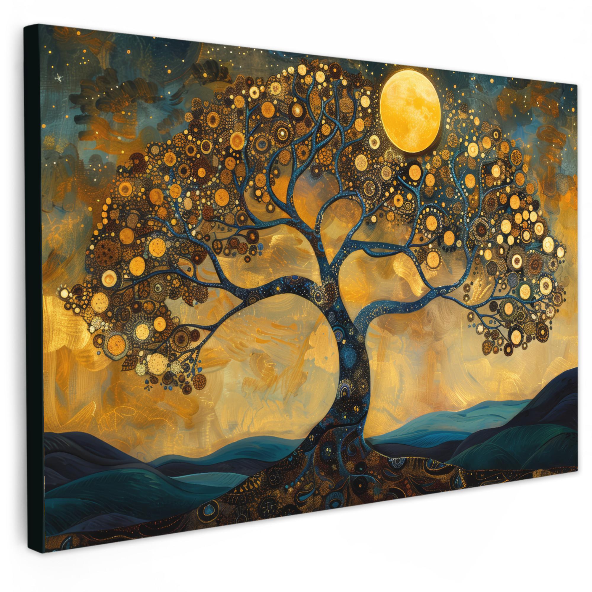 LEINWANDBILD Baum - Mond - Blumen - Gold - Kunst Groß 140x90 cm - Orange, Textil (140/90cm) - MuchoWow