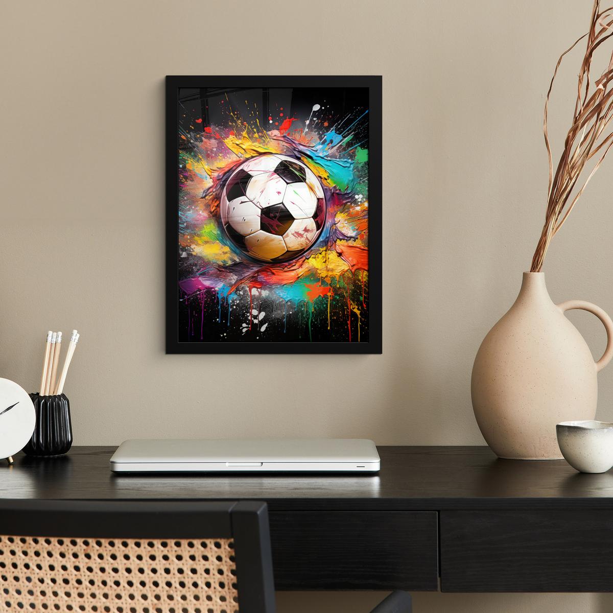 POSTER MIT RAHMEN Fußball - Farbe - Farben - Schwarz - Weiß Bilderrahmen 30x40 cm - Weiß, Papier (30/40cm) - MuchoWow