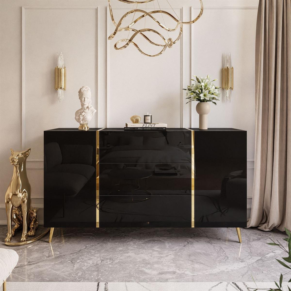 SIDEBOARDS MIT SCHUBLADEN ONYX AUF GOLDENEN BEINEN HOCHGLANZ 158 CM PUSH OPEN - Schwarz, Holzwerkstoff (158/88/41.3cm) - Lookway