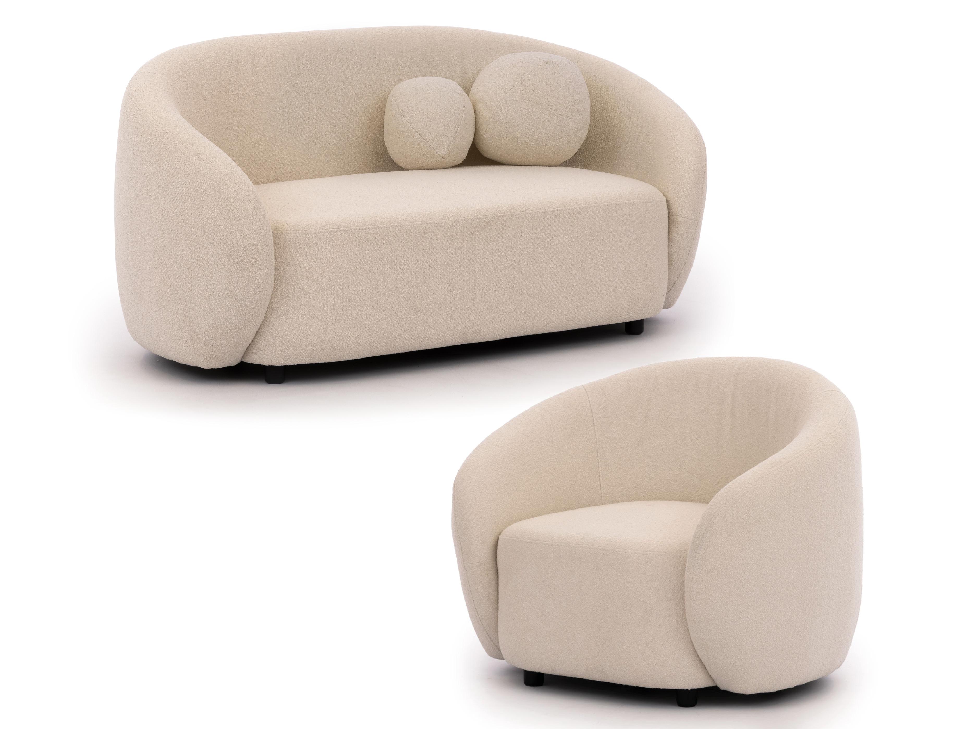 SITZGARNITUR 2+1 Roundi Cremeweiß Bouclé - Creme/Schwarz, Holz/Kunststoff (150/76/80cm) - S-Style