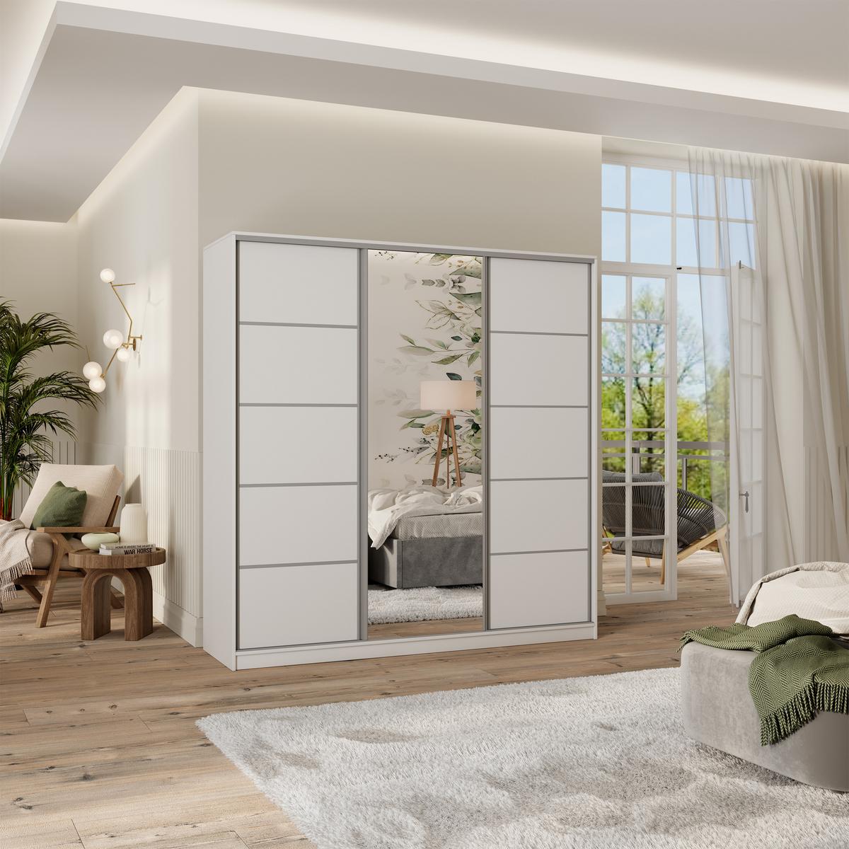 SCHWEBETÜRENSCHRANK PINA 200/205/58 cm 3-türig mit Spiegel und 4 Schubladen Weiß - Weiß, Holzwerkstoff (200/205/58cm) - MASSENO
