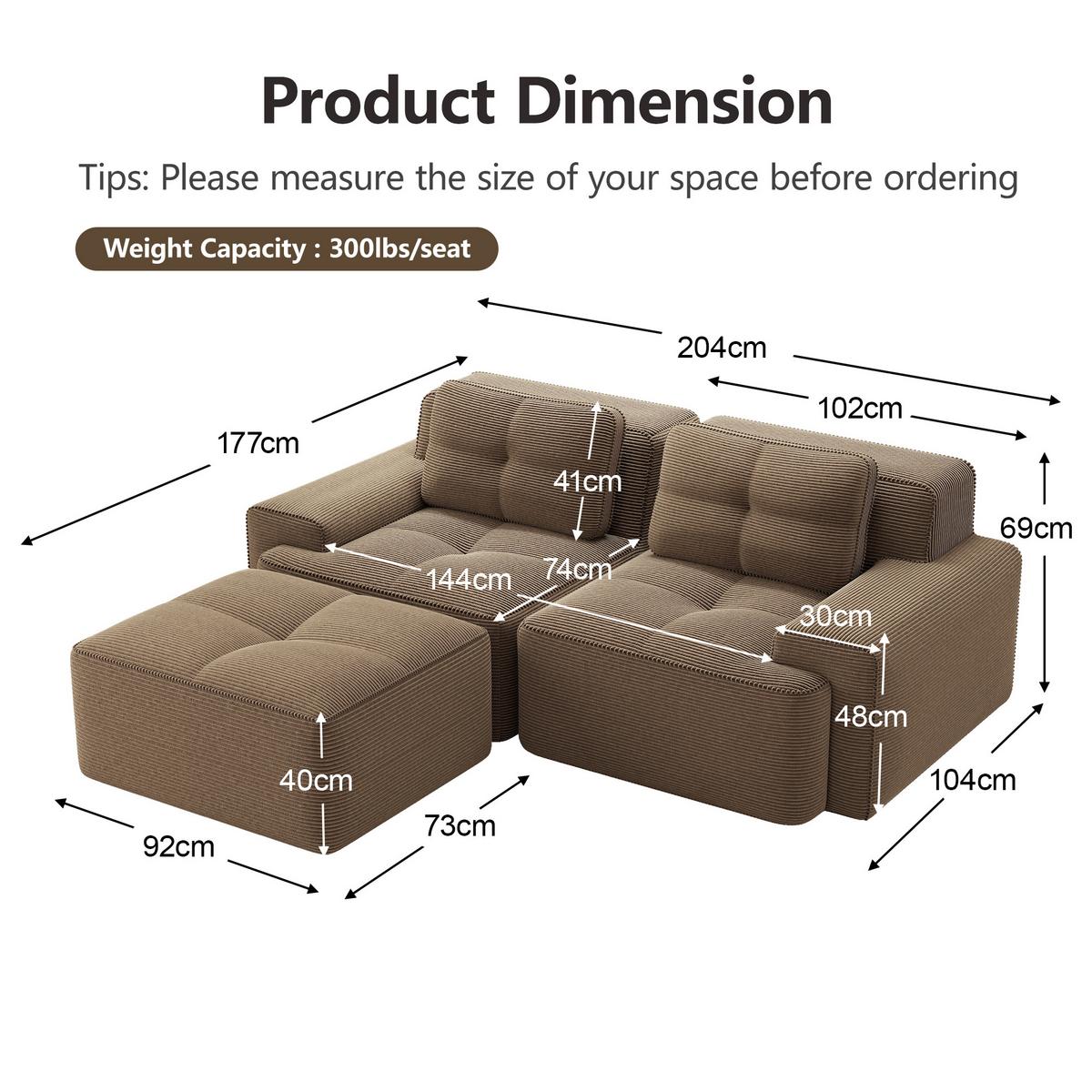 ECKSOFA cord in braun mit ottoman, rahmenlos & montagefrei - Walnussfarben, Textil (204/177cm) - Urban Meuble