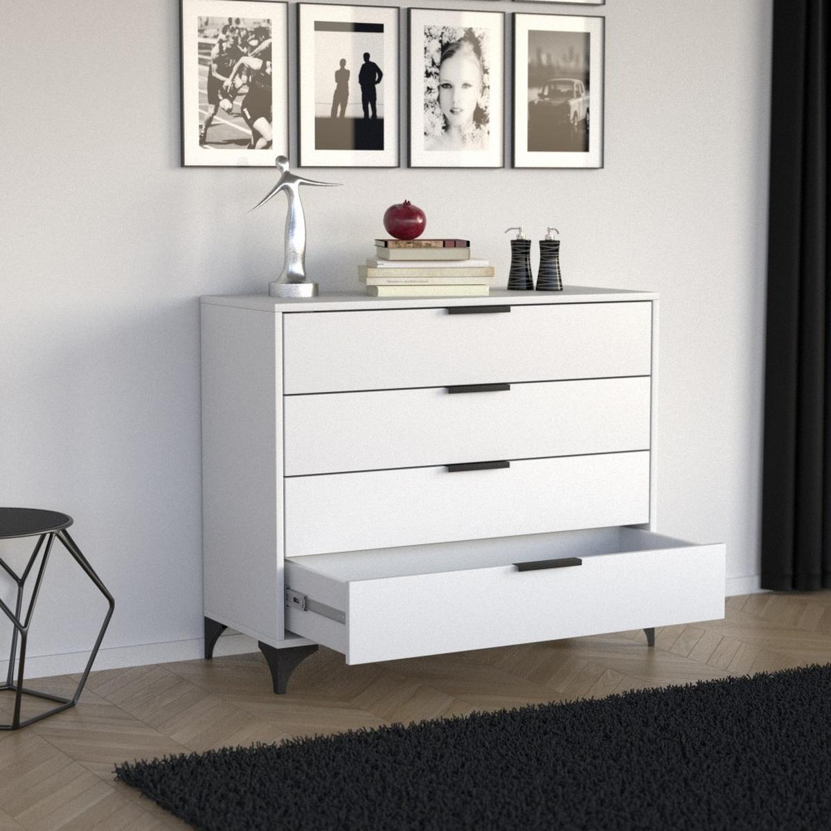 KOMMODE Home mit 4 Schubladen, 100 cm, ohne Griffe, Weiß - Schwarz/Weiß, Holzwerkstoff (80/85/40cm) - Beautysofa