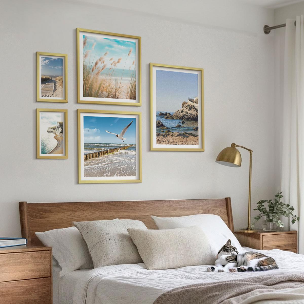 BILDER SET 5er Set - 50x50 cm & 20x30 cm & 40x60 cm Goldrahmen - Tropische türkisfarbene Inseln - Goldfarben, Kunststoff (40/60cm) - TULUP
