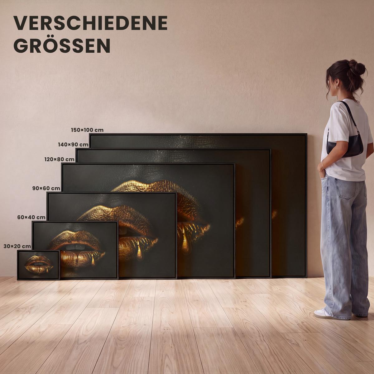 LEINWAND Bilder mit Rahmen - Frau - Porträt - Lippen - Gold - Schwarz - 120x80 - Schwarz, Textil (120/80cm) - MuchoWow