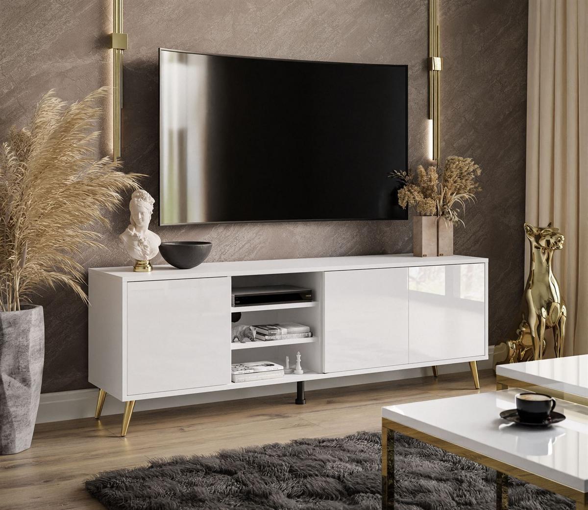 TV-ELEMENT SANAYI auf goldenen Beinen mit Regalen Hochglanz Weiß - Weiß, Holzwerkstoff (156/54/38cm) - Lookway