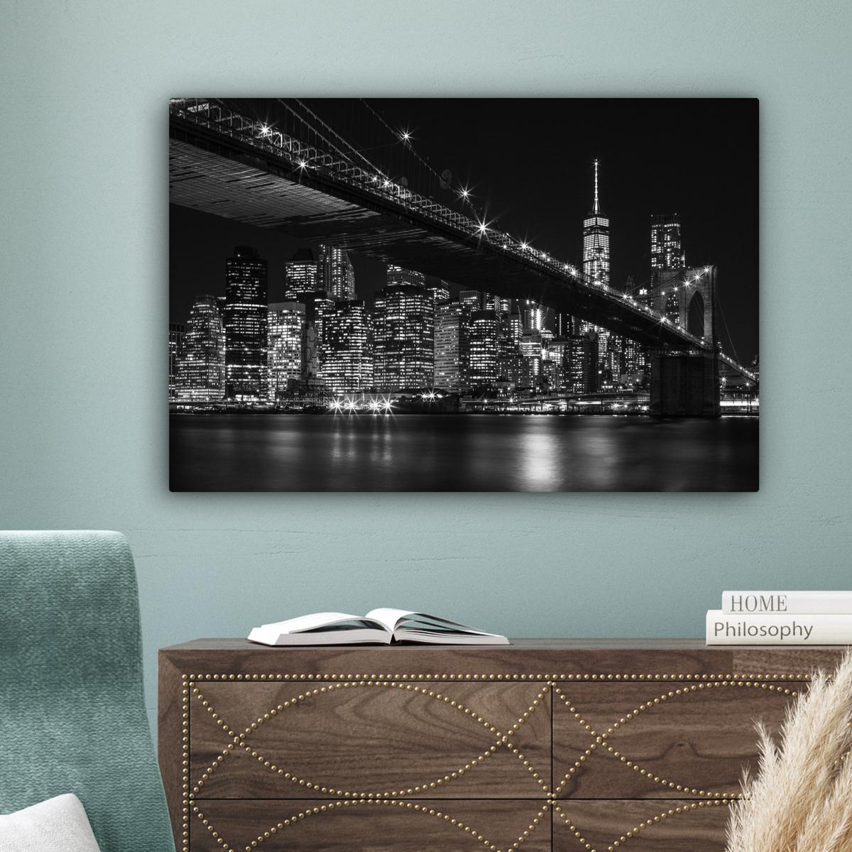 LEINWANDBILD New York - Brooklyn - Brücke Wanddeko 90x60 cm - Schwarz, Textil (90/60cm) - MuchoWow