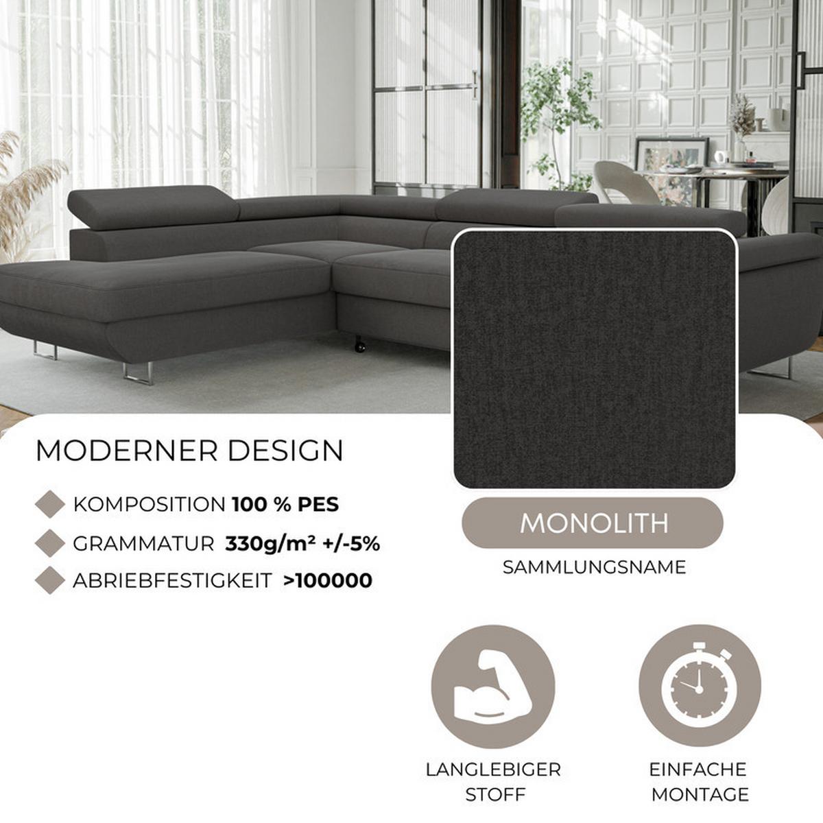 ECKSOFA ANTON links, mit Schlaffunktion und Bettkasten Anthrazit - Chromfarben/Anthrazit, Textil/Metall (274/203cm) - Idohome
