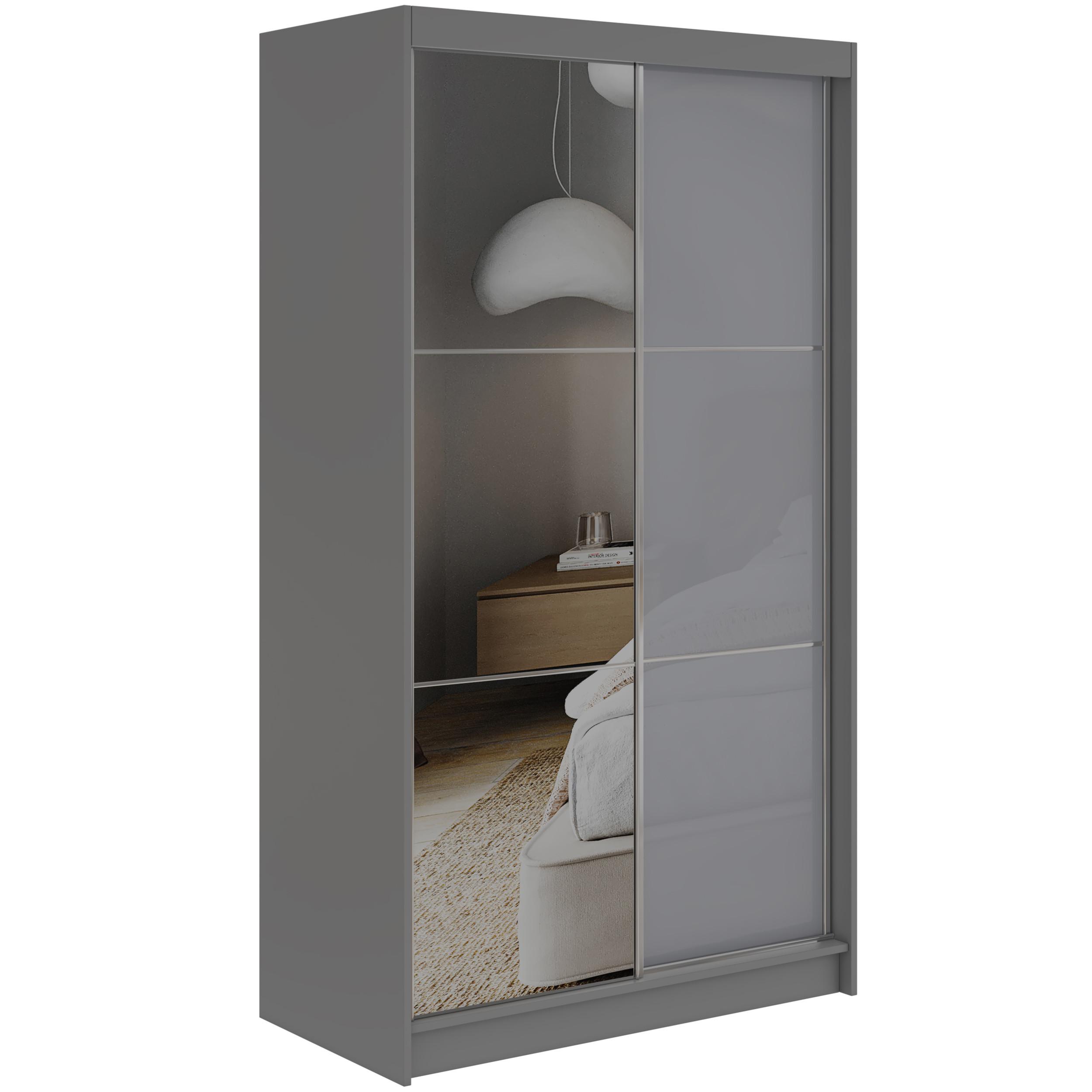 SCHWEBETÜRENSCHRANK mit Spiegel und Schubladen - WALENCJA - 120 - Grau lacobel - Alufarben/Grau, Holzwerkstoff/Metall (120/216/61cm) - MKS