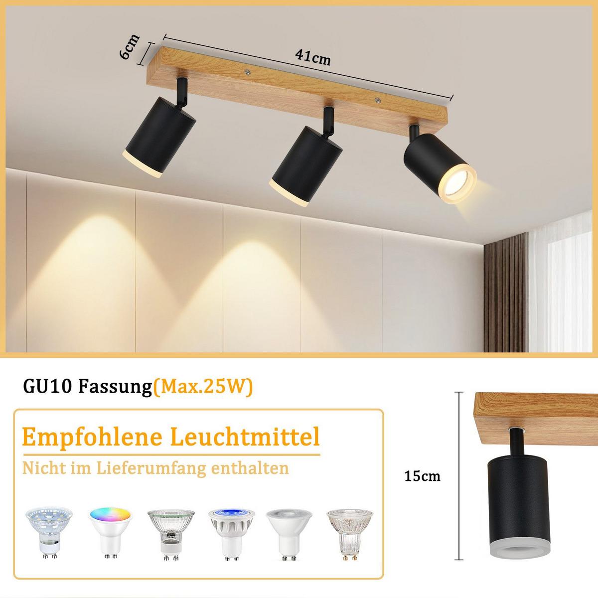 DECKENSTRAHLER Recklinghausen 3-flammig 41/6/15 cm - Schwarz, Holz (41/6/15cm) - Nettlife