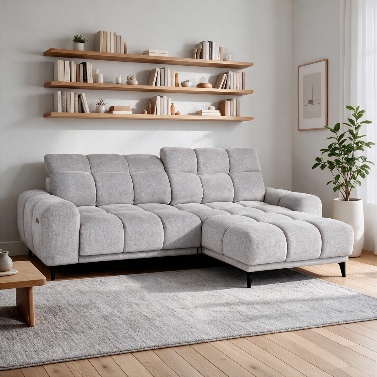 ECKSOFA Marco Mini mit elektrisch ausfahrbarem Sitz und verstellbaren Kopfstützen, Rechts, Chenille-Stoff, Hellgrau - Hellgrau/Schwarz, Textil (275/182cm) - Beautysofa