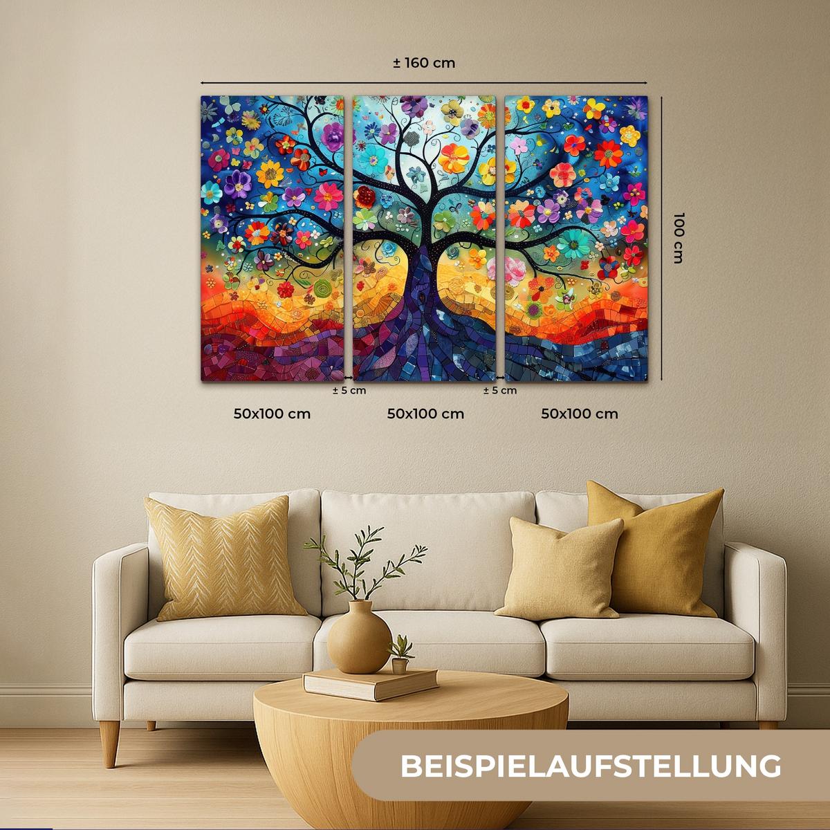 LEINWANDBILD 3er Set Bunt - Baum des Lebens - Blumen - Abstrakt 180x120 cm - Blau, Textil (180/120cm) - MuchoWow
