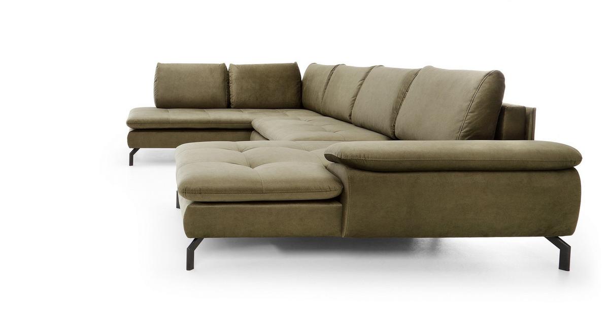 WOHNLANDSCHAFT VOLO Grün Plüsch-Stoff mit Schlaffunktion - Grün, Holz (347/82/205cm) - MASSENO