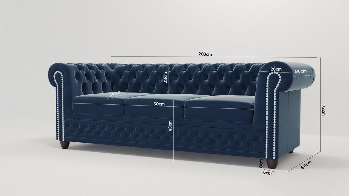 CHESTERFIELD-SOFA 3-Sitzer mit Schlaffunktion Nyx Marineblau Samt - Dunkelblau/Braun, Holz/Textil (203/28/86cm) - S-Style Möbel