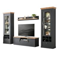 WOHNWAND 4-teilig grau, Eiche Wotan, Landhaus 322 x 201 cm, Wohnkombination mit Soft-Close - Silberfarben/Eiche Wotan, Glas/Holzwerkstoff (322/201/45cm) - Furn.Design
