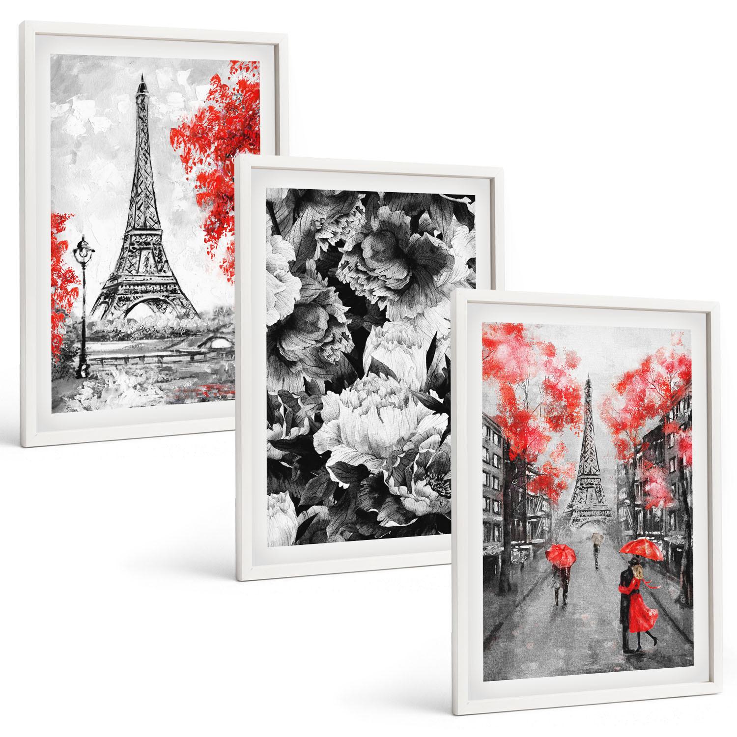 BILDER SET 3er Set - 40x60 cm Weißer Rahmen - graue Gemälde des Eiffelturms - Weiß, Kunststoff (40/60cm) - TULUP